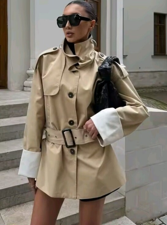 Jackets & Blazers - Women Chic Stand Collar Belted Trench Coat Casual Contrast Cuff Single Breasted
